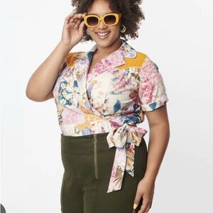 Unique Vintage Plus Size 1950s Multicolor Patchwork Floral Wrap Star Crop Top 1X